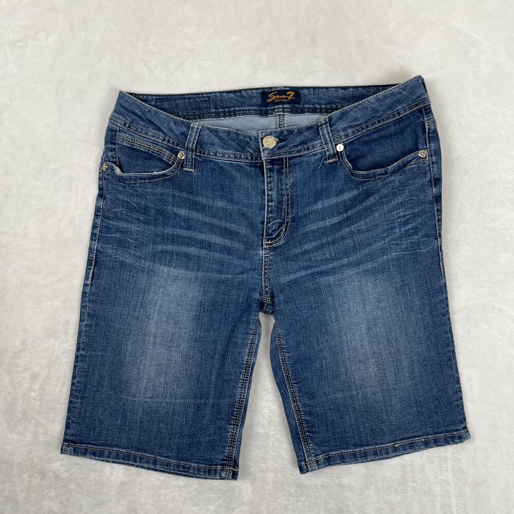 Seven7 Bermuda Shorts Womens 14 Blue Denim Embroidered Pockets Stretch Casual